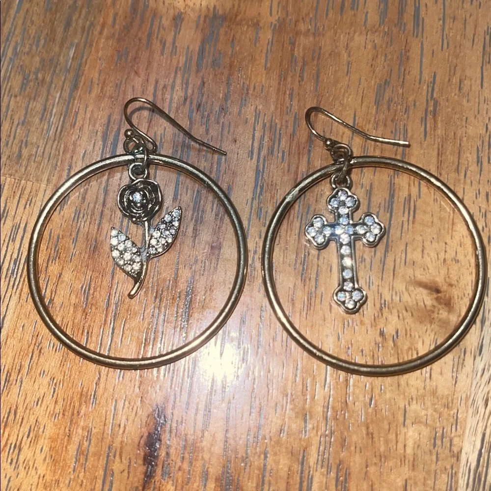 Vintage Gold Hoop Earrings Crystal Rose and Cross Charms Mismatched Jewelry